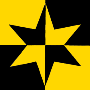 6-pointed star, with each point being half black and half yellow, on a background split into fourths, alternating black and yellow.